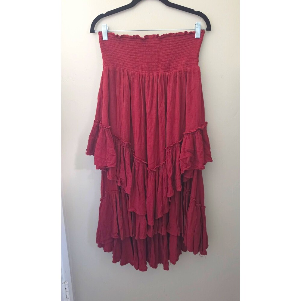 Free People Convertible Skirt Strapless Dress Medium Red Tiered Ruffle Boho